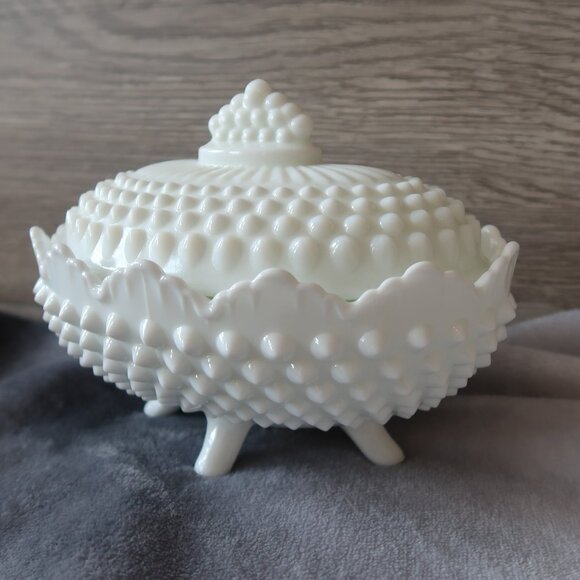 Vintage Fenton Marked Milk Glass Hobnail Textured Oval Lidded Candy Bowl - Picture 16 of 16
